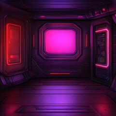 Poster - Futuristic Interior Space Station Room with Neon Lights and Detailed Panels on Walls and Floor