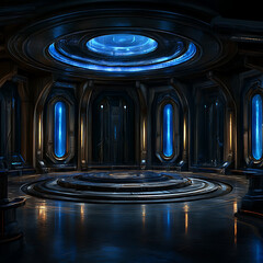 Poster - Futuristic Interior with Central Platform and Illuminated Portals Science Fiction Ambience