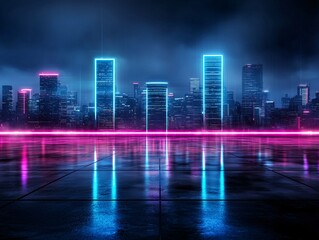 Poster - Futuristic city skyline illuminated by intense, bold neon lights, cyberpunk aesthetic, deep blues, electric pinks, and glowing purples, high-detail reflections on wet pavement, atmospheric and