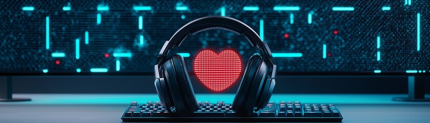 Poster - Ultra-modern gaming setup with RGB lighting in bold, saturated hues, sleek futuristic design, dual-monitor display, immersive cyber aesthetics, dark moody ambiance, high-tech atmosphere
