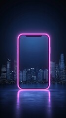Poster - retro 80s synthwave cityscape with bold pink and purple neon lights, grid lines leading into a cyber