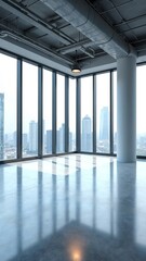 Poster - A large open room with a view of the city