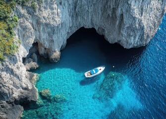 Wall Mural - Aerial view of a small boat entering the entrance to an underground cave on an island, with turquoise water and Greek rocks