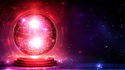 Poster - Futuristic Orb Display Shining on Elevated Circular Stage Against Dark Cosmic Space Background
