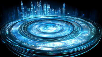 Poster - Futuristic Platform Cityscape Blue Tones Circular Swirl Design Digital Art Glowing Metropolis