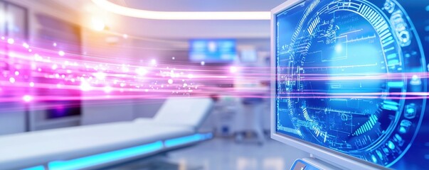 Poster - A futuristic medical environment with advanced technology, featuring a glowing screen displaying data and a patient bed in a sleek, modern design.