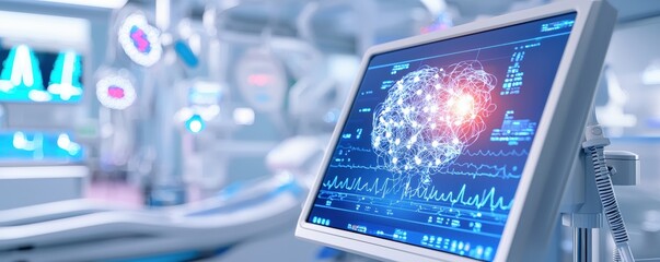 Poster - A medical monitor displays a digital heart model and vital signs in a high-tech healthcare environment.