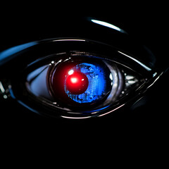 Poster - Futuristic Robot Eye with Red Orb and Blue Circuitry Details for Advanced Artificial Intelligence