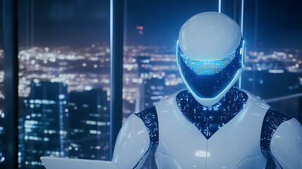 Poster - Futuristic Robot in Urban Setting with Cityscape Background Lights at Night Innovation Era