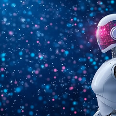 Poster - futuristic robot portrait with pink and blue bokeh lights depicting advanced technology in space era