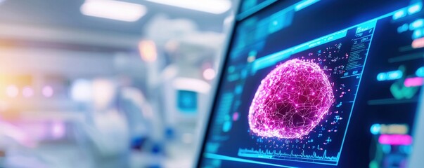 Poster - A vibrant digital display shows a detailed, colorful representation of biological cells, set in a modern lab environment with advanced technology.