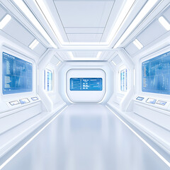 Poster - Futuristic Spacecraft Interior With Blue Technology Screens Displaying Data and Information Analytics