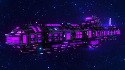 Poster - Futuristic Spaceship Armada Exploring the Distant Cosmos with Vibrant Neon Purple and Blue