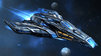 Poster - Futuristic Spaceship Cruiser Navigating Across the Cosmos Starfield Nebula Scenery Display