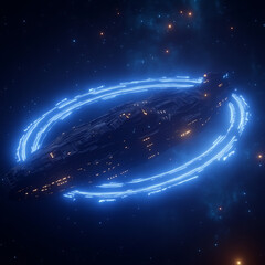 Poster - futuristic spaceship encircled by luminous rings amidst celestial starscape and nebula elements