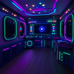 Poster - Futuristic Spaceship Interior with Neon Lights Illuminating Control Panels and Window Views of Space