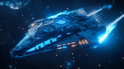 Poster - Futuristic Spaceship Launching in Deep Space with Neon Lights and Fiery Propulsion Trail Images