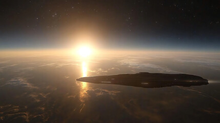 Poster - futuristic spaceship traveling through space above a horizon with bright sun and starry background
