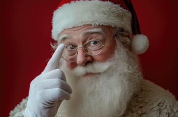 Wall Mural - Close-up photo of Santa Claus with hand on chin, red background, white gloves