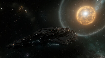 Poster - futuristic spaceship voyage amidst a star system exploration adventure through galaxy scapes