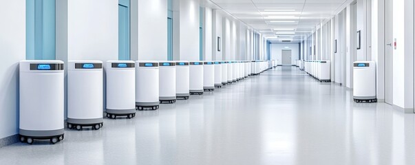 Poster - A clean, modern hospital corridor lined with white, cylindrical robots, suggesting advanced technology in healthcare.