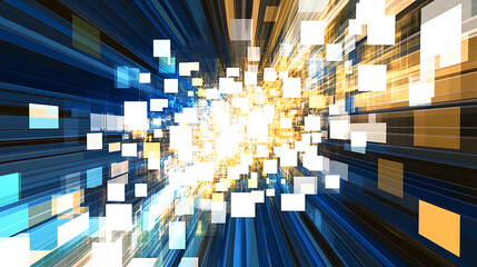 Poster - futuristic square burst tunnel with blue and gold tones abstract techno design art