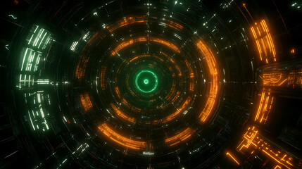 Poster - Futuristic Technological Tunnel with Concentric Circles and Neon Green and Orange Glow Illuminations
