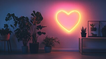Poster - a glowing pink heart neon light adorning an elegant wall in a modern interior, paired with potted pl