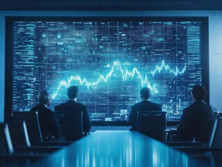 Poster - two individuals engaged in discussion at a table with data visualization on a large screen creating 