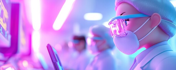 Poster - A vibrant scene showing medical professionals in lab coats and masks, engaged with technology in a modern, colorful laboratory setting.