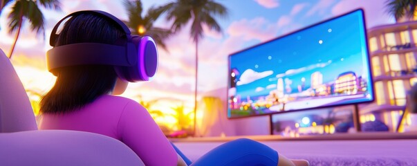 Poster - A person wearing headphones enjoys gaming on a large screen outdoors during sunset, surrounded by palm trees.