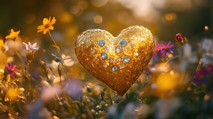 Poster - a golden love heart with embedded gemstones framed by wildflowers and soft bokeh