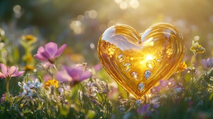 Wall Mural - A golden love heart with embedded gemstones framed by wildflowers and soft bokeh