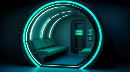 Poster - Futuristic Transit Pod Interior Featuring Neon Lighting and Minimalist Design Aesthetic Illustration