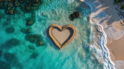 Sticker - A heart shape etched in the sand by waves on a tropical beach, with sparkling turquoise water in the foreground