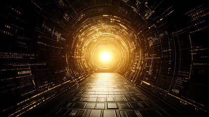 Poster - Futuristic Tunnel of Light with Geometric Patterns and Tech Details for Cyberpunk Aesthetics