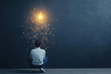 Poster - A contemplative man sitting on the floor illuminated by a glowing light bulb symbolizing ideas creativity and inspiration in a tranquil domestic setting