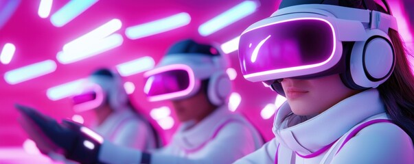 Poster - A futuristic scene featuring individuals wearing VR headsets, immersed in a vibrant pink-lit environment, showcasing technology and virtual reality experiences.