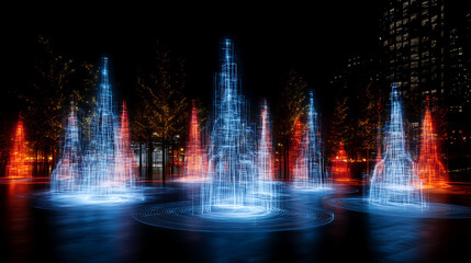 Poster - Futuristic Urban Landscape Digital Art Installation at Night Showcasing Blue and Red Holographic Sculptures