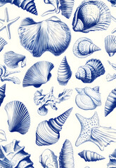 Sticker - A design of blue and white seashells in various shapes, including starfish, conch shells, sand-dredged patterns on paper, hand-drawn style, vintage feel