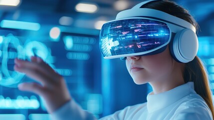 Poster - A young woman engages with virtual reality technology, wearing a futuristic VR headset, surrounded by digital displays and a high-tech environment.