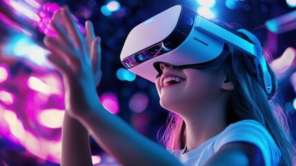 Poster - A girl experiences virtual reality, smiling and interacting with her surroundings, immersed in colorful lights and technology.