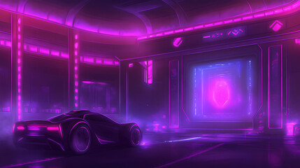 Poster - Futuristic Vehicle Inside a Neon Lit Hangar with a Portal to Another Dimension Concept Art