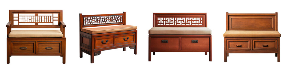 Wall Mural - Elegant collection of antique wooden furniture pieces with Asian inspired designs including benches chests cabinets sideboards and dressers  These timeless versatile