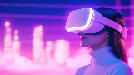 Poster - A woman wearing a VR headset in a vibrant, futuristic setting, surrounded by glowing lights and digital landscapes.