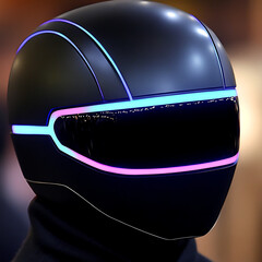 Poster - Futuristic Visor Helmet in Matte Black with Neon Accents Cyberpunk Style Headgear 2077 Concept Art