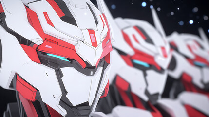 Poster - Futuristic White and Red Robots Squad Close Up Angular Design Gleaming Light Points on Dark Backdrop