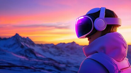 Poster - A person wearing a VR headset stands against a vibrant sunset with mountains in the background, merging technology and nature.