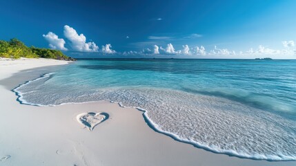 A natural heart design in the sand on a tropical beach, framed by gentle waves and a crystal-clear ocean