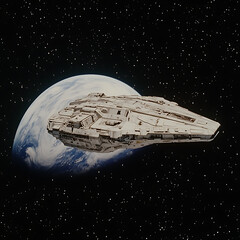 Poster - galactic cruiser orbiting a blue planet in deep space starry background fantastic sci fi scene 90s a